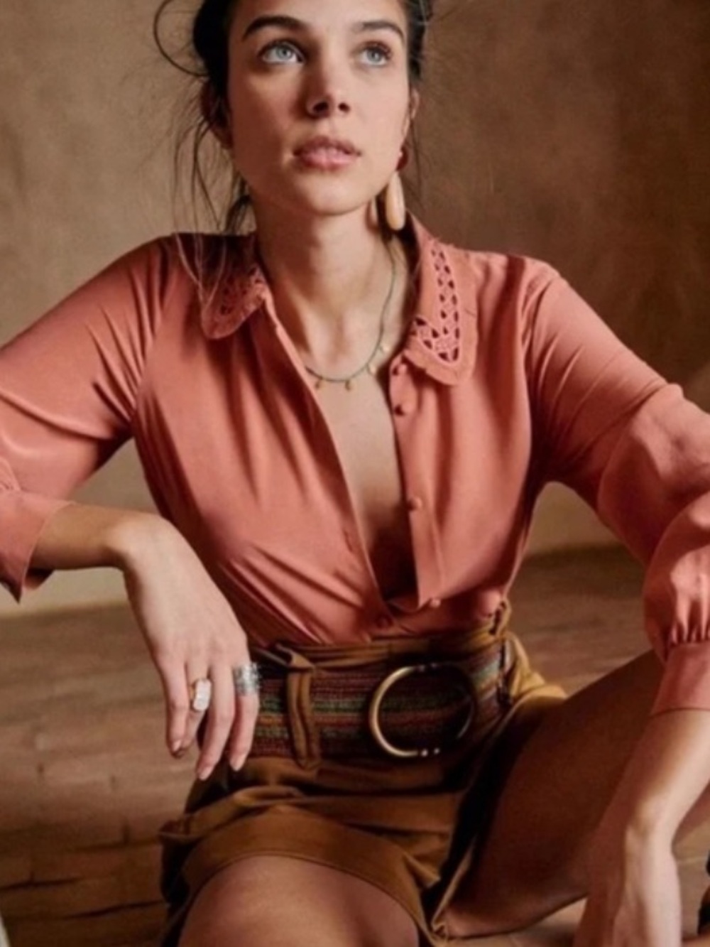 Sezane Suzanne Dusty Rose Button-Up Blouse with Eyelet Collar